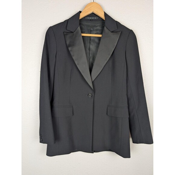 Theory Blazer Womens Petite Black Satin Lapel One Button Classic Tuxedo Jacket - Picture 1 of 6